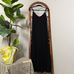 Umgee SMALL Black Cotton Linen Wide Leg Jumpsuit Button Leg